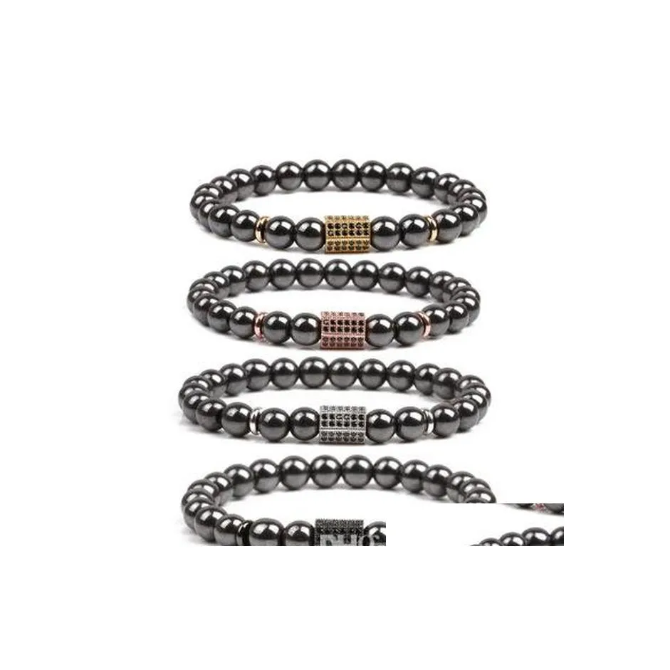 car dvr Beaded Strands 10Pc/Set Fashion Bead Bracelet For Men Magnetic Black Gallstone Copper With Beads And Hexagonal Column Mans Drop Del Dhceu