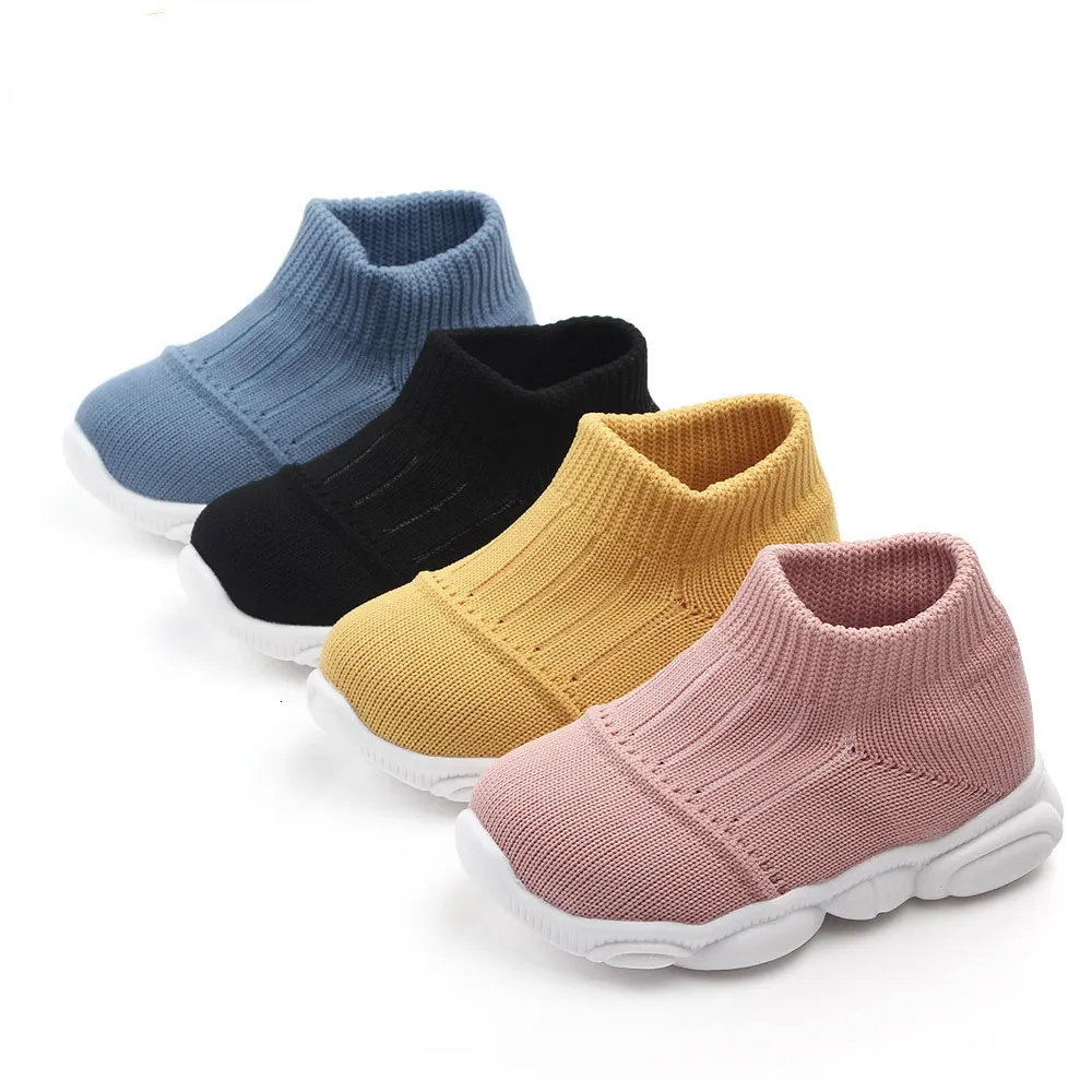 Erste Wanderer Frühlingsbabykinder Sneaker bequeme Strick -Flachschuhe atmungsaktives Luftgitter Erst Wanderer Feste Farbe Kleinkind Jungen Mädchen Schuhe 230227