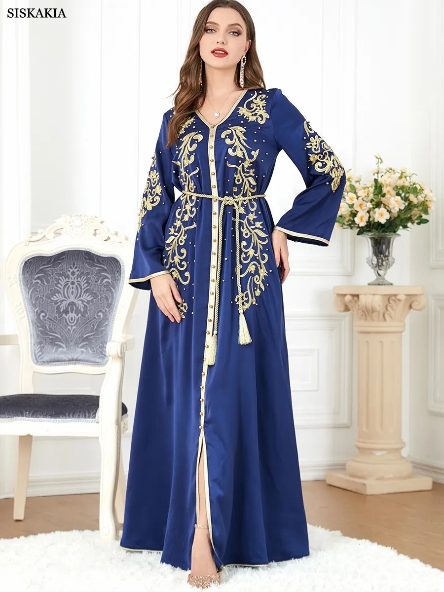 Etniska kläder Elegant Casual Floral Embroidery Beaded Long Sleeve Muslim Dresses Party Belted Kaftan Modest Women Ramadan 230227