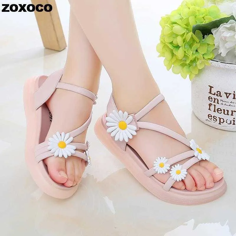 Sandalen Kinderbloemplatform Sandalen Princess schoenen voor meisjes Tiener Koreaanse Open Toed Beach Sandals Shoe 6 8 10 12 jaar oud Z0225