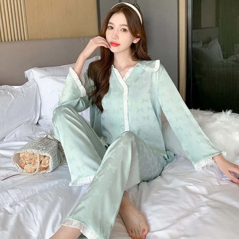 Kvinnors sömnkläder Lisacmvpnel Pyjamas Spring and Autumn Ice Silk Thin Long Sleeve Suit Pyjamas 230227