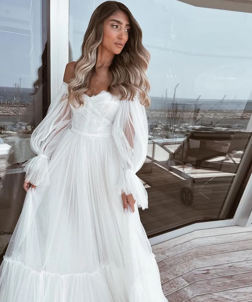 Nowoczesna sukienka ślubna Tiul Sweetheart Rleeves A-Line Pleat Boho Wedding Suknia wiejska suknia ślubna Vestido de Novia 2023