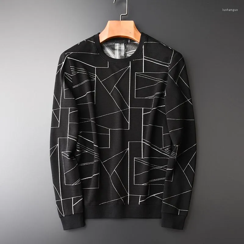 남성용 후드 가을 스웨트 셔츠 Hight 품질 원사 염색 된 기하학적 패턴 라운드 넥 풀오버 청소년 패션 트렌드 스웨트 셔츠 남성