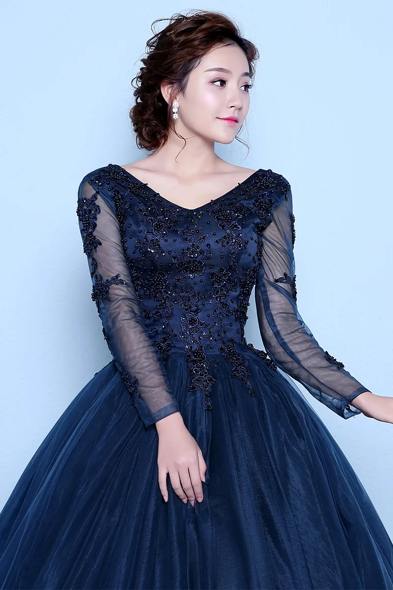 navy dark blue lace flowers theme costume rococo veil court ball gown Medieval dress Renaissance princess Royal victoria can customize size