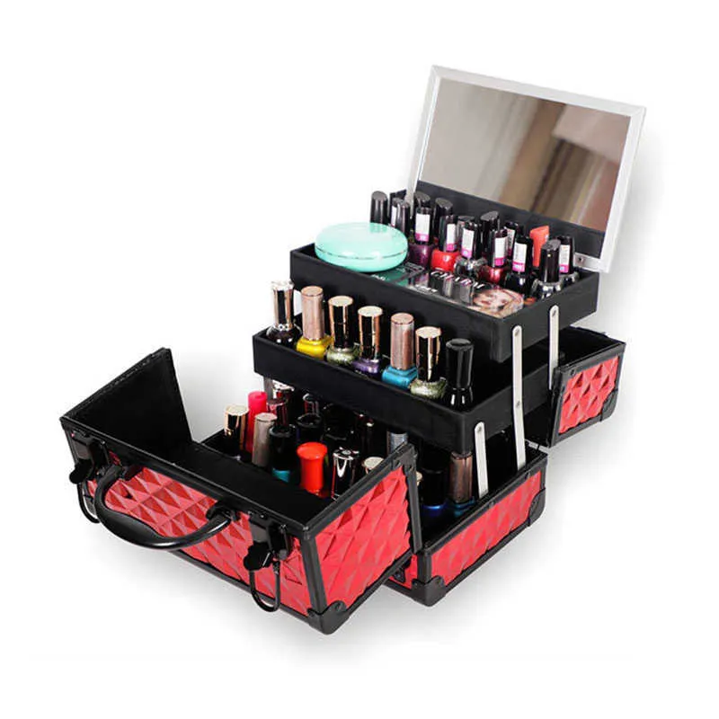 Cosmétique Organisateur Sacs De Rangement Boîte De Maquillage Professionnel Alliage D'aluminium Maquillage Femmes Cas avec Miroir Voyage Grande Capacité Valises Sac Y2302