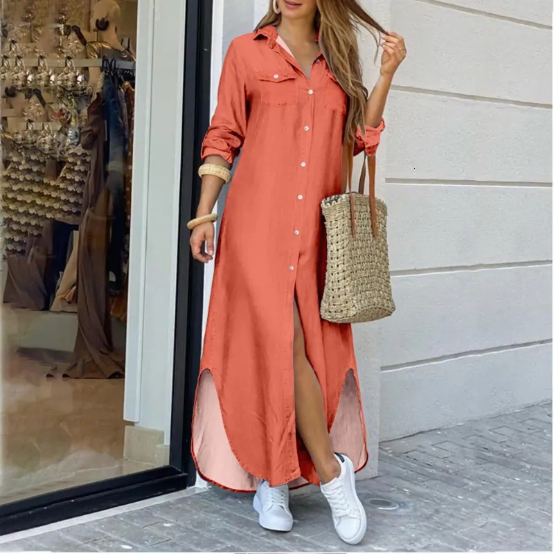 Casual Dresses Long Shirt Dress Autumn Women Sleeve Maxi Laides Turndown Collar Office Loose Sundress Robe ue 230227