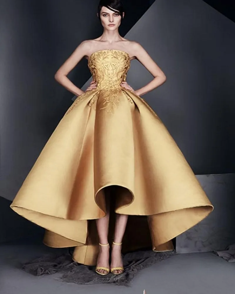New Design Gold Applique Strapless High Low Ruffle Gold Cocktail Dress  Elegant Prom Cocktails & Homecoming Gown From Donnaweddingdress26, $100.61