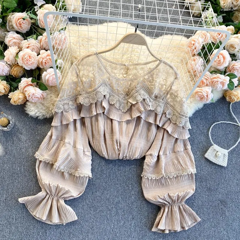 Women's Blouses WDMSNA French Style Round Neck Blouse Female Mesh Stitching Lace Ruffled Blusas Femininas Puff Sleeve Chiffon Shirt Ladies