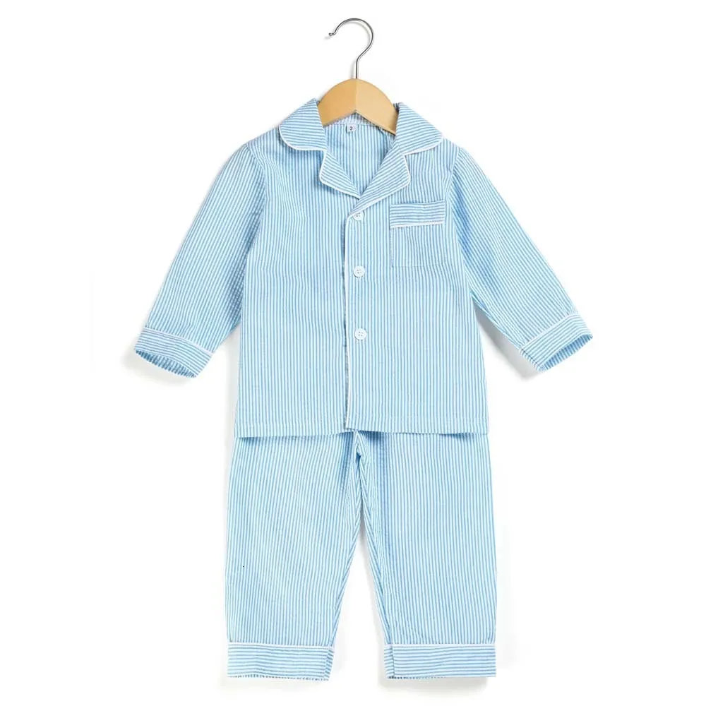 Boys Seersucker Pajamas Cotton Long Sleeve Stripe Sleepwear For