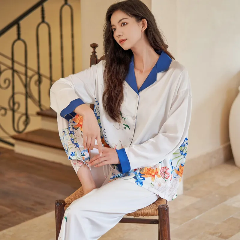 Womenka Women Sleepar Qsrocio Wysokiej jakości piżamę Zestaw Kwiatowy Print Faux Silk Nightie Luksusowy odzież domowa Lokatwenowa odzież 230227