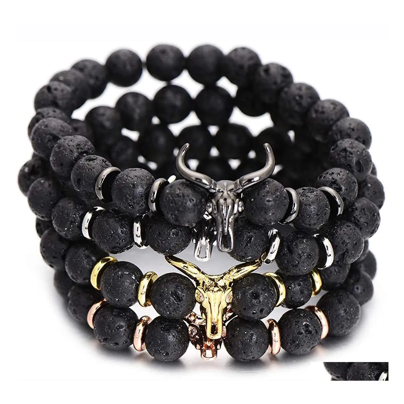 bil dvr pärlor strängar kvinnor smycken armband punk cz bl huvud skl män mode 8mm lava sten pärlor charm armband armband rame gåva drop de dhumn