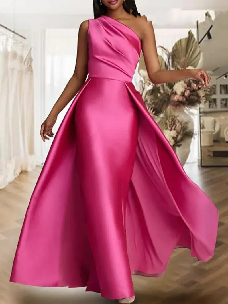 Hot Pink Mantel Abendkleider 2023 Mit Zug Eine Schulter Satin Frauen Prom Kleider Lange Formale Party Kleid Robe de Soiree