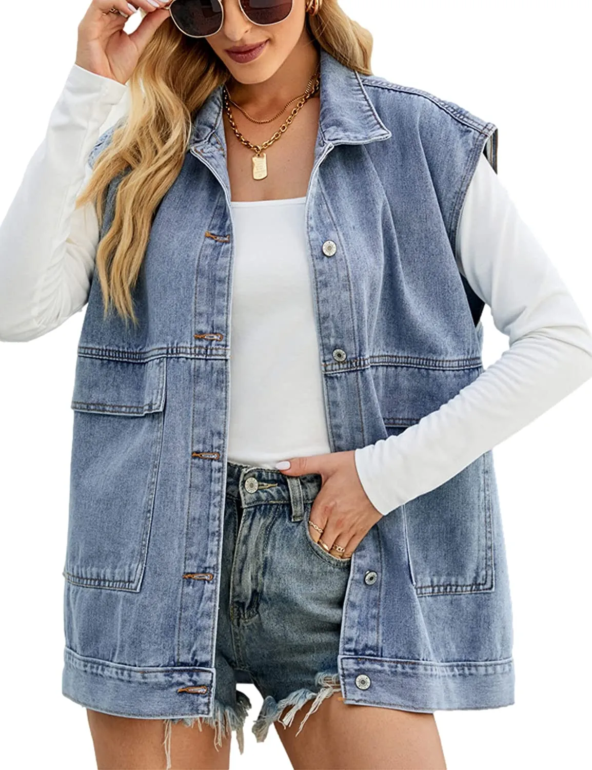 Jeansweste für Damen, lässig, übergroß, ärmellos, lockere Jeansweste mit Knopfleiste