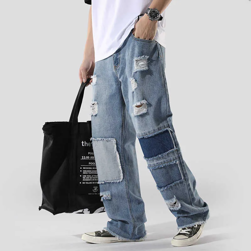 Jeans Homme Streetwear Patchwork Broderie Jeans Homme Fringe Hip Hop Denim Pantalon Surdimensionné Color Block Patchwork Pantalon Lâche Hip Hop Z0225