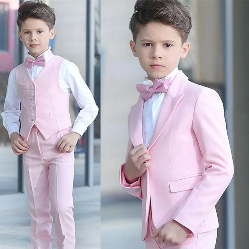 Garçons rose vêtements de cérémonie costumes de fête de mariage revers de pointe un bouton Slim Fit garçon enfants Blazer ensemble bal soirée tenue veste gilet pantalon arc