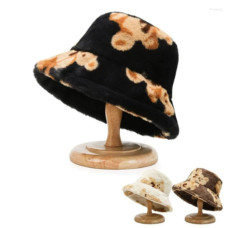 Berets Warm Plush Bucket Hat Cap Cute Bear Print Wool Outdoor Fishing Hats Travel Beach Caps For Women Men Autumn Winter