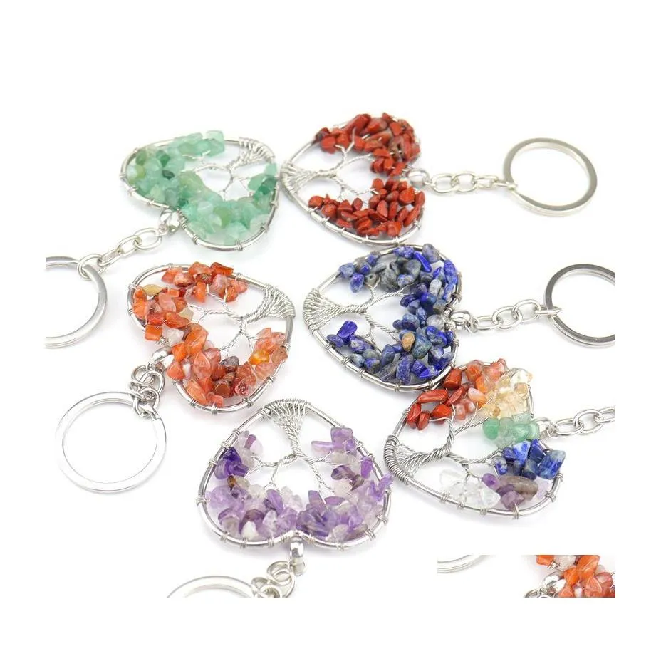 car dvr Key Rings Natural Quartzs Heart Tree Of Life Handbag Charm Car Hanging Decoration Ornaments 7 Chakra Pendant Keychain Keyring Drop D Dhfrt