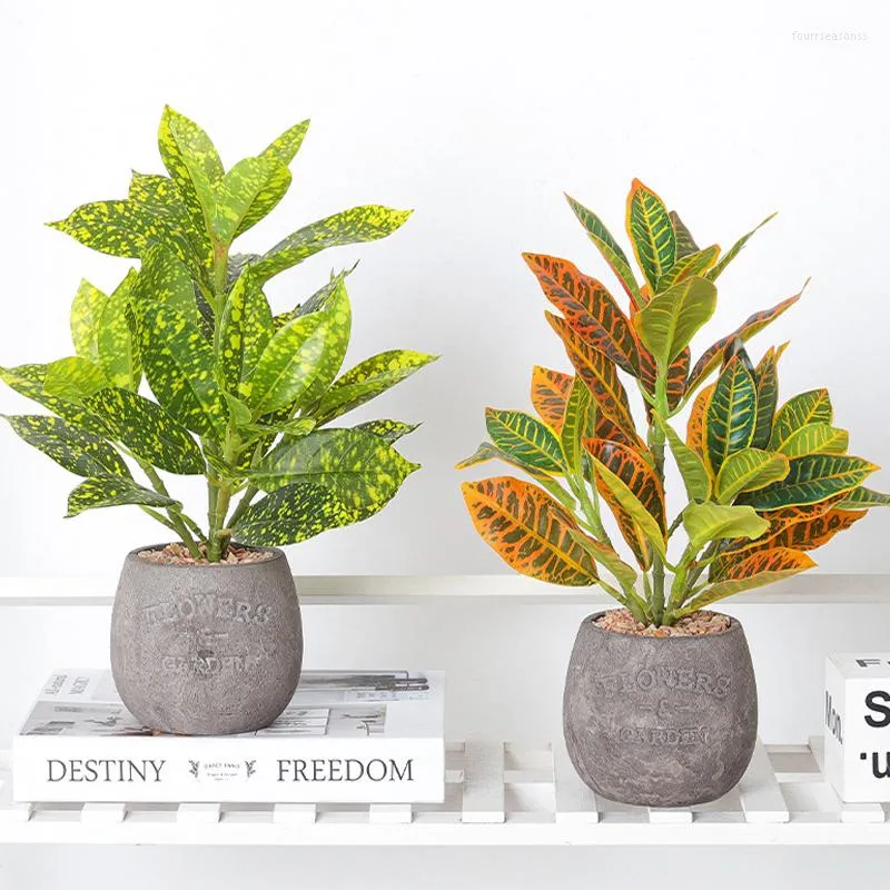装飾的な花33cm人工植物ブランチ小さな偽のコードエウムは本物のタッチツリーリーフスフェイクトロピカルホームガーデンオフィスの装飾のためにトロピカル