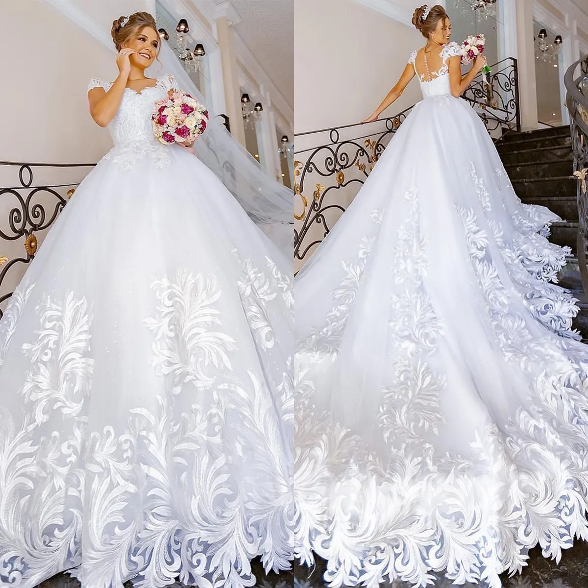 Elegant Ball Gown Wedding Dresses Sweetheart Short Sleeves Special Applicants Tulle Backless Chapel Gown Tulle Custom Made Bridal Gown Vestidos De Novia