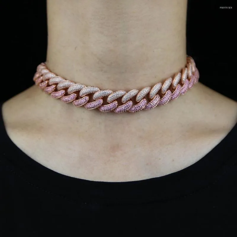 Gerdanlık 16mm büyük ağır tıknaz Küba İki tonlu kolye 32 8cm buzlu bling pembe beyaz 5A kübik zirkonya hiphop kadın takı