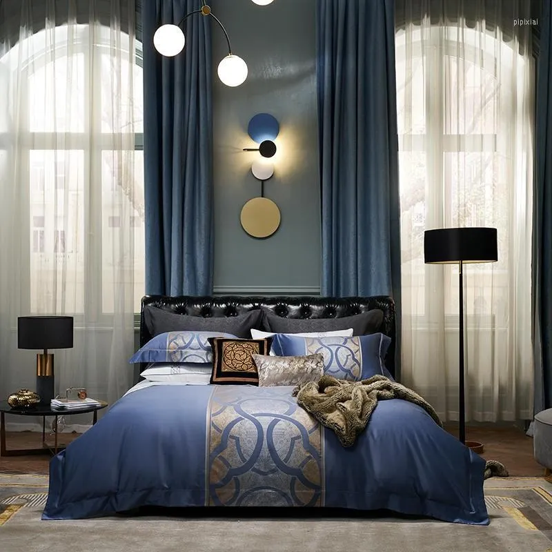 Set di biancheria da letto Blu Sfumato Geometria Moderna arte astratta Set copripiumino di lusso Premium High End 1200TC Cotone Morbido 4 pezzi Lenzuolo