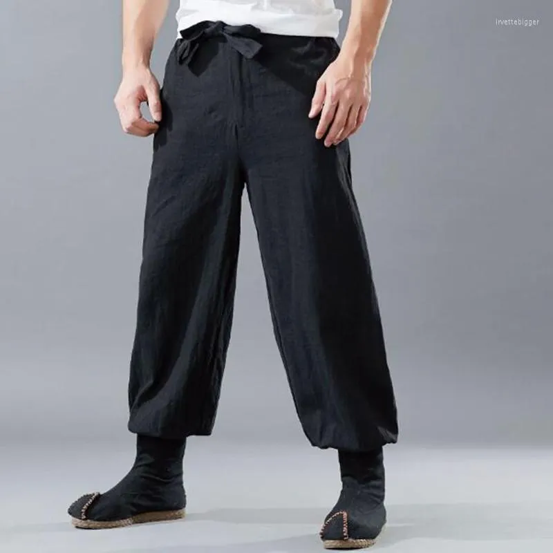 Pantaloni da uomo Cintura alla zuava Pantaloni da uomo in stile cinese Ramie Stivaletti larghi casual a gamba larga