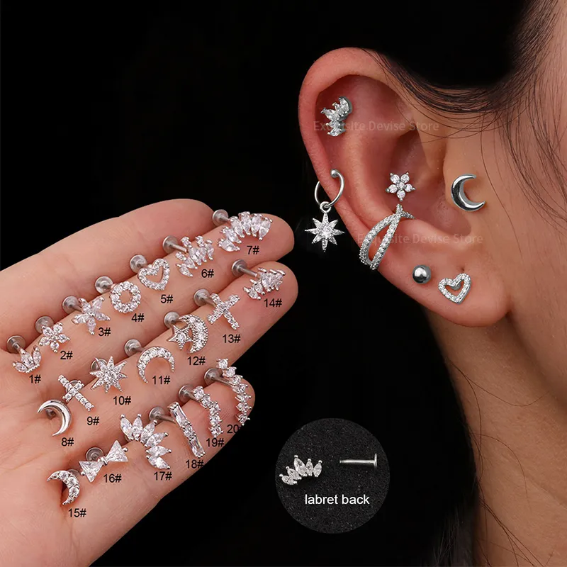 New 1Pc Silver Color Stainless Steel Ear Cartilage Helix Screw Back Earring Stud Cz Tragus Rook Conch Piercing Jewelry