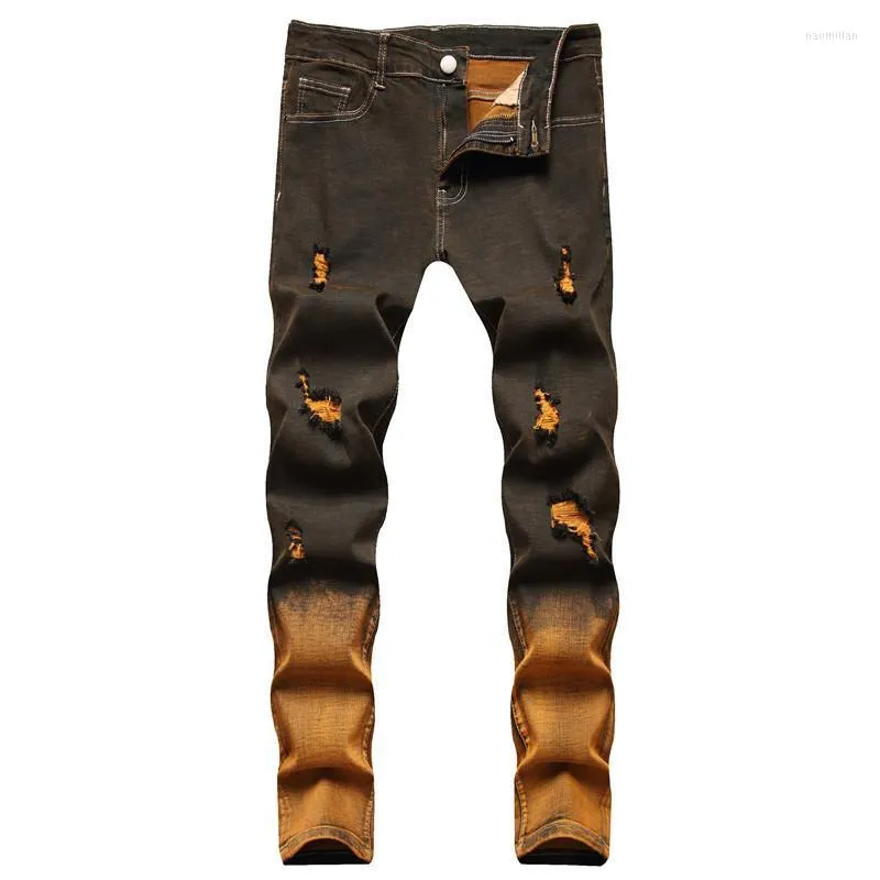 Erkekler Kot Men'in Four Seasons Micro Elastik Denim Pantolon Boyalı Renk Eşleşmesi Yırtık Yıkılmış Jeansmen'in Naom22
