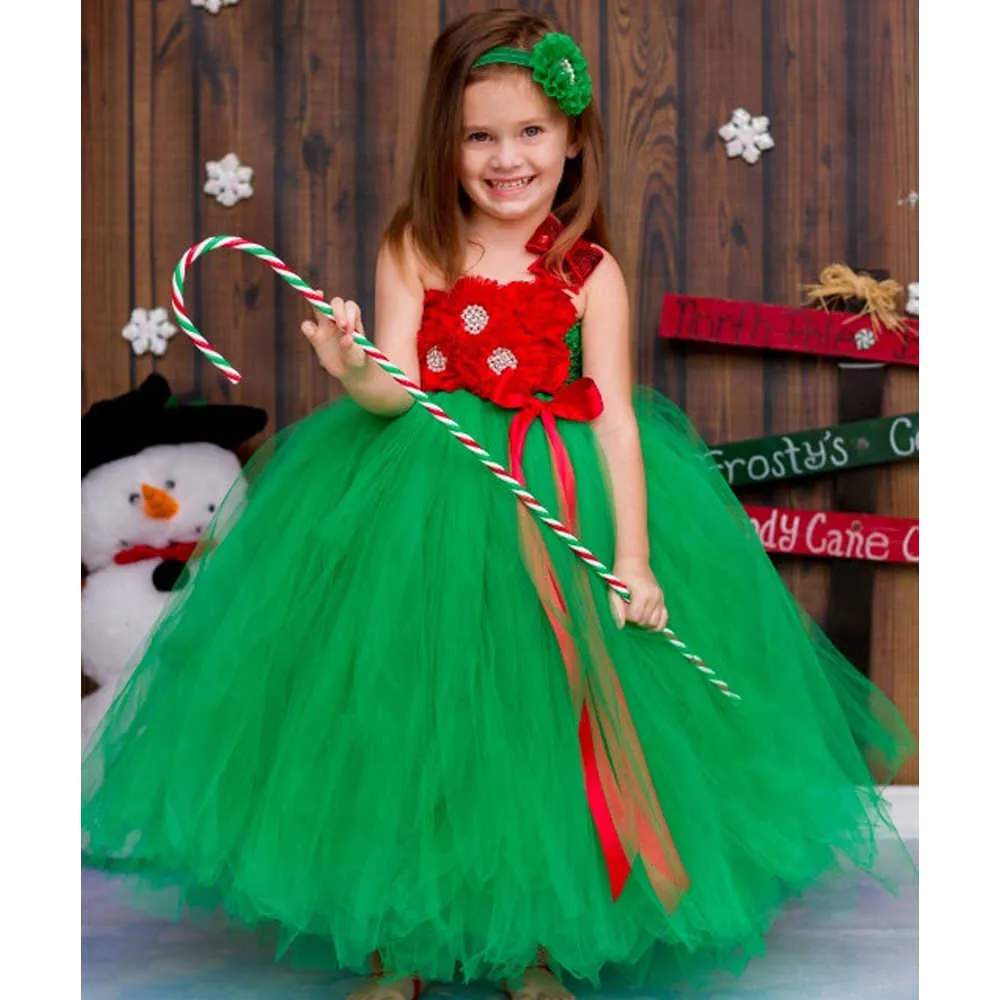 Robes de Fille Rouge Vert Robe Longue de Noël pour Les Filles Fête de Noël Venez pour Les Enfants Anniversaire Tutu Tenue Robes de Fille de Fleur Robe de Bal de Princesse
