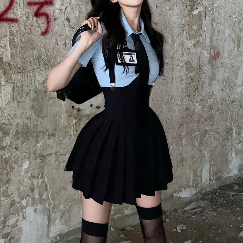 Two Piece Dress HOUZHOU Preppy Style Womens Two Piece Sets Shirt Sexy Outfit High Waist Corset Strap Pleated Skirt Vintage School Uniform Suit 230225