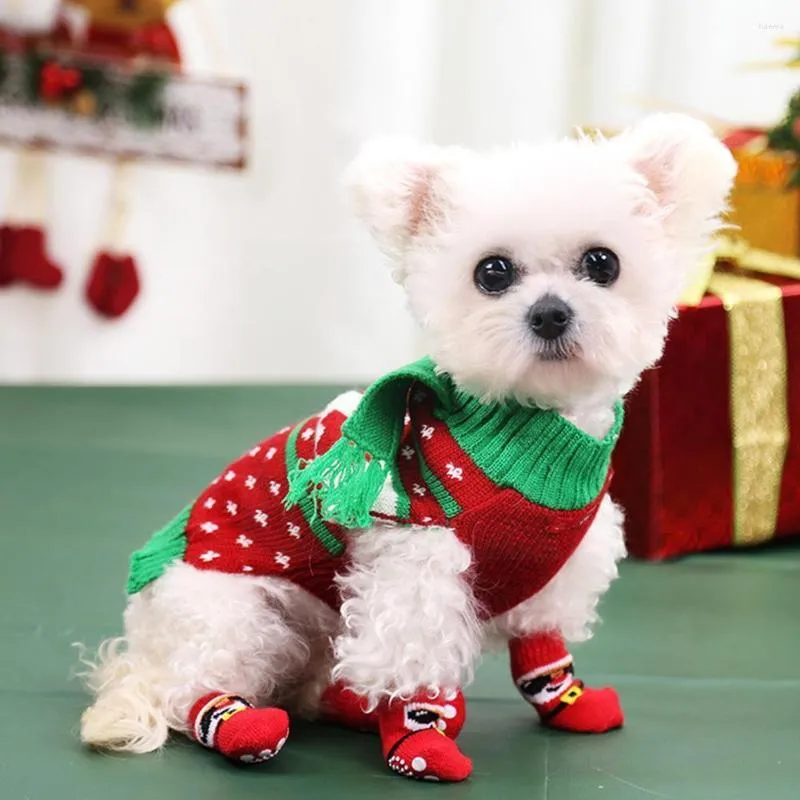 Vêtements pour chiens 4pcs / Set Chaussettes en tricot pour animaux de compagnie Noël Santa pour chiens Hiver Chaud Dessin animé Chaussures Anti Slip Puppy Bottes Prod R9W5
