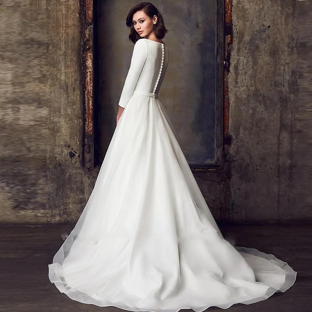 Vintage White Satin Organza Long Sleeve Wedding Dresses with Three-Quater Sleeves, A-Line Pockets, and Elegant Design - Perfect for 2023 Brides, image size:1000x1000