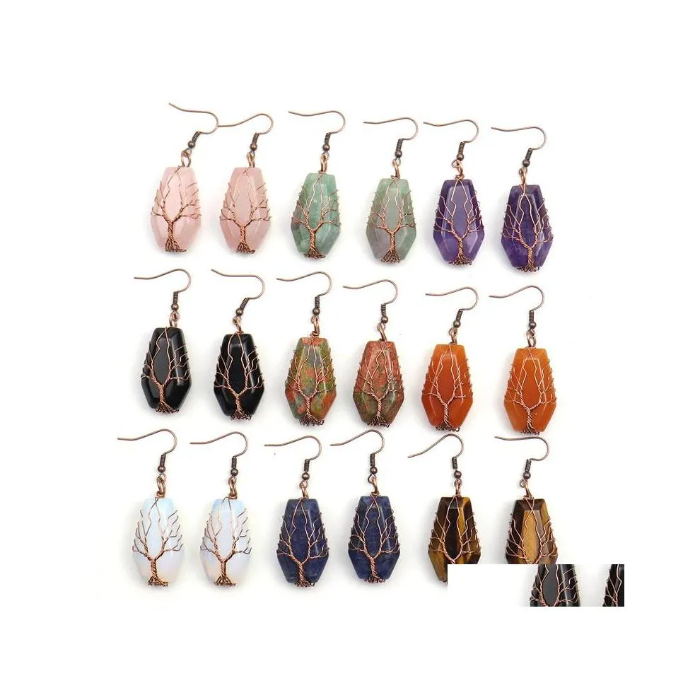 car dvr Dangle Chandelier Bronze Natural Stone Crystal Agate Earrings Wrap Tree Of Life Lucky Treature Coffin Shape Charms Wholesale Women Dhokf