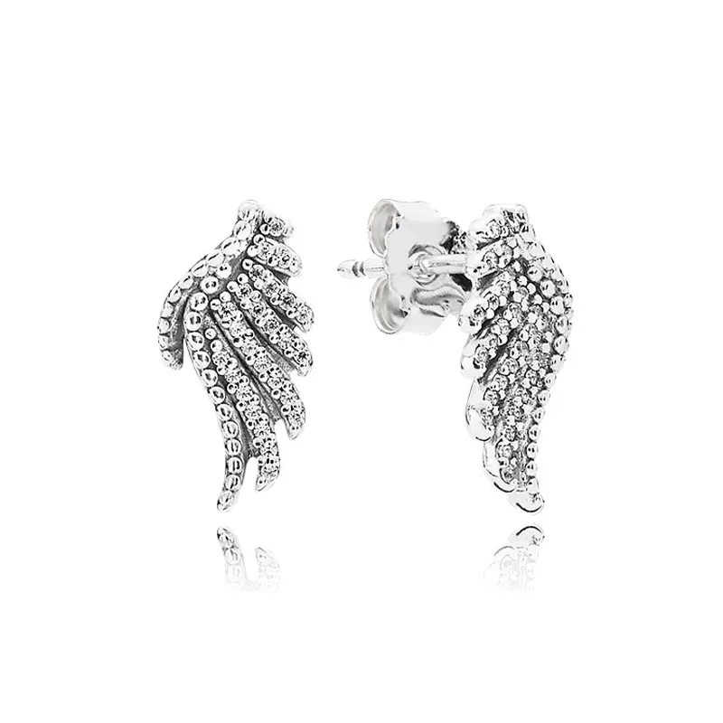 Orecchini a bottone con piume scintillanti in argento sterling 925 per gioielli di design Pandora CZ Diamond Wedding per le donne Orecchini di lusso regalo fidanzata con cofanetto originale