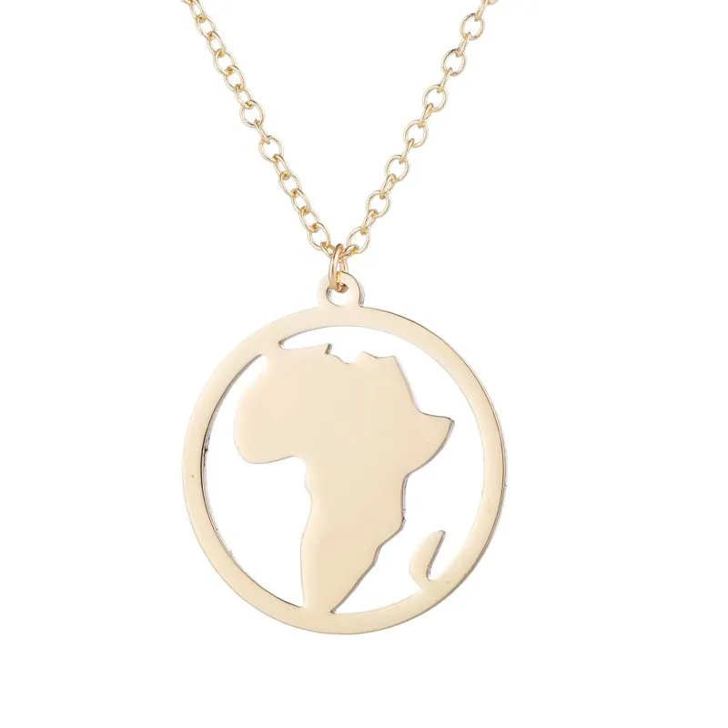 10PCS Mapa de África en círculo Collar redondo Contorno de acero inoxidable Hueco Continente africano Colgante Collar de mujer Gargantilla Joyería minimalista de clavícula de ciudad natal