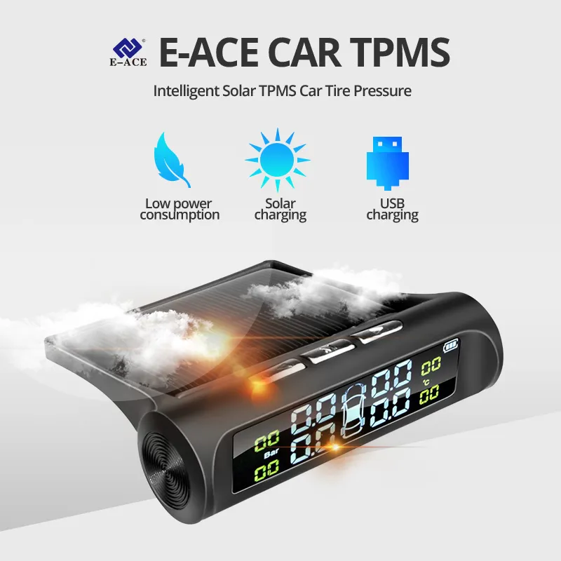 E-ace Solar TPMS Car Tyre Monitor Sensor Sensor Auto Security Alarm Systems Digital Display Display Pressure