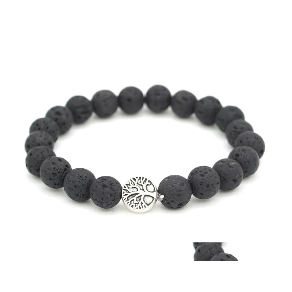 Bracelets de charme de voiture DVR Charms d'arbre de vie 8 mm Pierre de lave noire Bracelet de brin de perles Diffuseur d'huile essentielle Cordes à main pour femmes hommes Dr Dhzzc