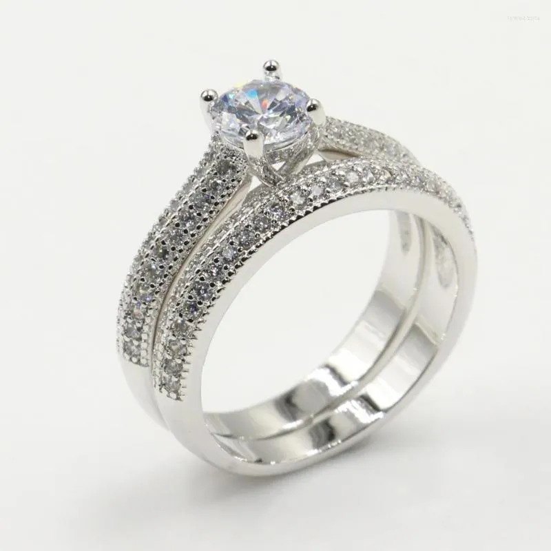 Pierścienie klastrowe Rozmiar 5-12 Oszałamiająca luksusowa biżuteria 925 Srebrny okrągły krój biały przezroczysty 5A Cuubic Cyrronia Wedding Pierścień ślubny