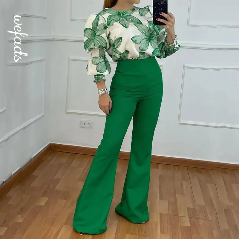 Femmes Deux Pièces Pantalons Wefads Femmes Ensemble De Mode Casual Roung Cou À Manches Longues Feuille Imprimer Top Lâche Solide Flare Ensembles Haute Streetwear 230227