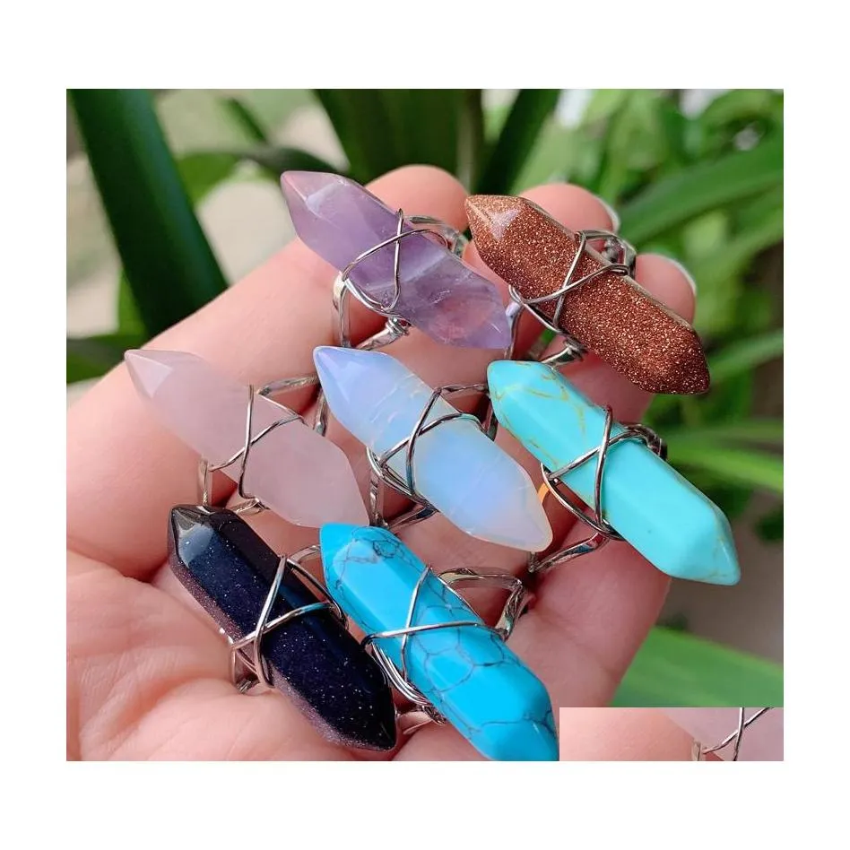 car dvr Cluster Rings Fashion Wire Wrapped Crystal Healing Stone Natural Women Ring Adjustable Open Shape Amethysts Pink Quartz Tiger Eye La Dh8Wh