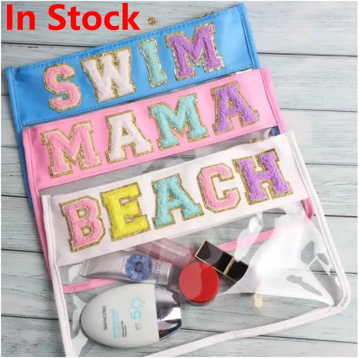 Embroidery Letters Clear PVC Pouch Bag Waterproof With Metal Zipper Pouches Nylon Cosmetic Bags Large Capacity Storage Case For Party Gift