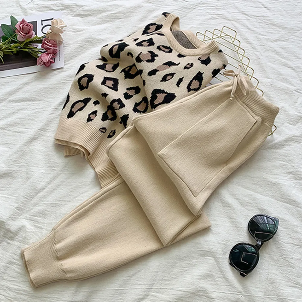 Womens Two Piece Pants Hma långärmad stickad Leopard Pullover Sweaterselastic midja sätter modebyxor bitar kostymer outfit 230227