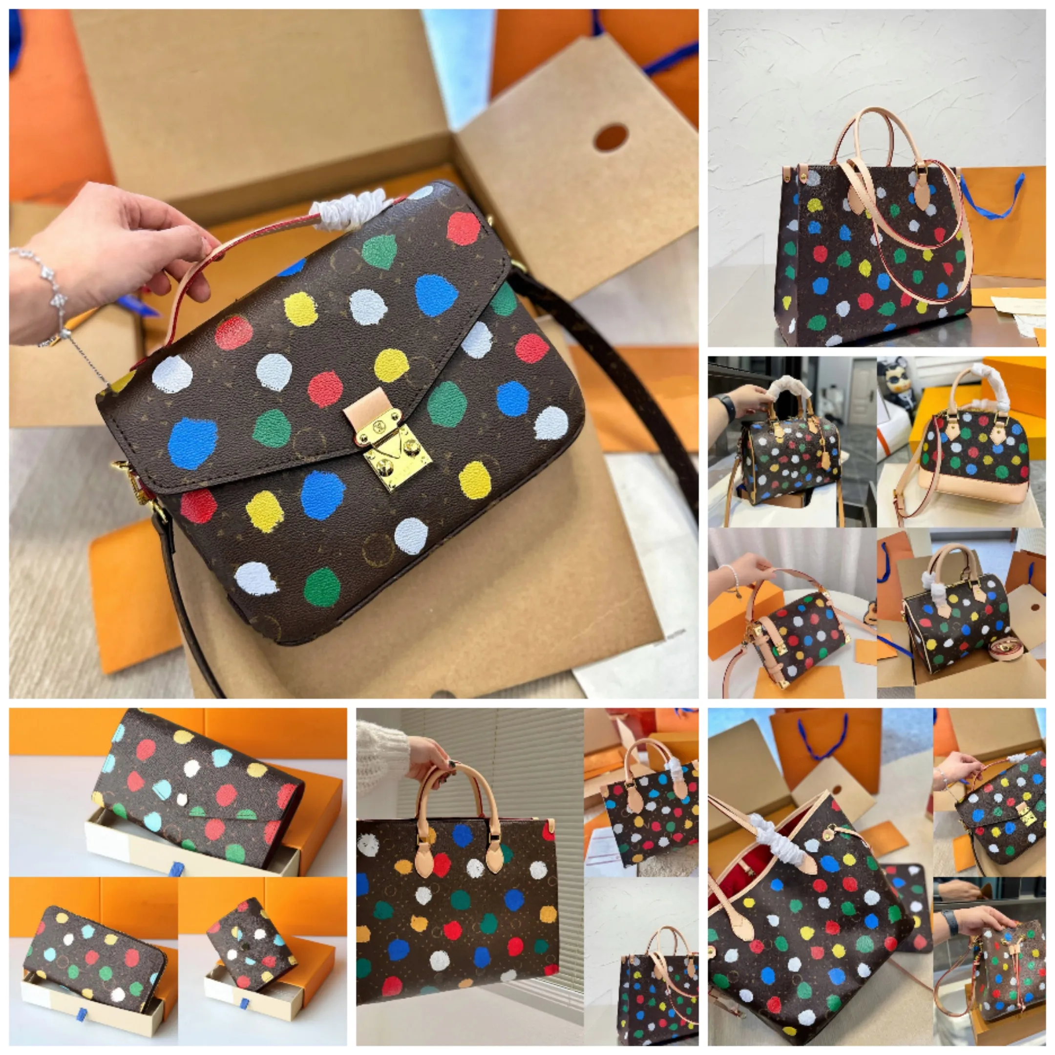 L 23SS X Yayoi Kusama Multicolor Totes Dot Shoulder Bags Series Side Trunk Box Totes S-Lock Jacquard Monograms Hucket Onthego Speedys 25 Bag Long Zip Plånbok
