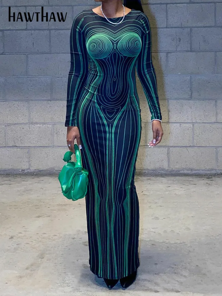 Sıradan Elbiseler Hawthaw Kadın Moda Uzun Kollu Bodycon Street Giyim Partisi Kulübü Yeşil Uzun Elbise Sonbahar Giysi İş için Toptan Öğeler 230227
