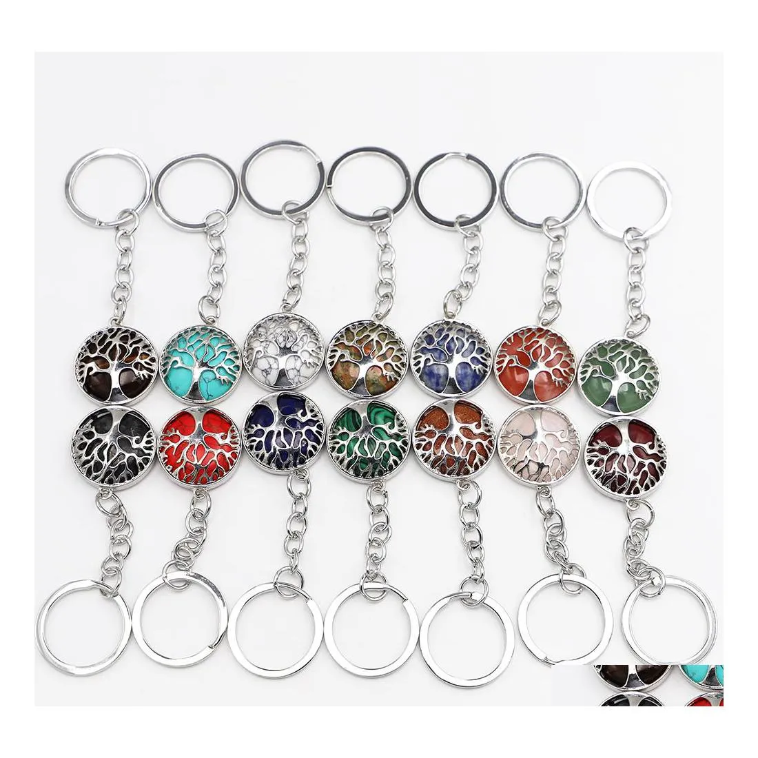 car dvr Keychains Lanyards Natural Stone Crystal Key Rings Handbag Holder Tree Of Life Hexagonal Column Pendum Amet Real Agates Tiger Eye Dheom