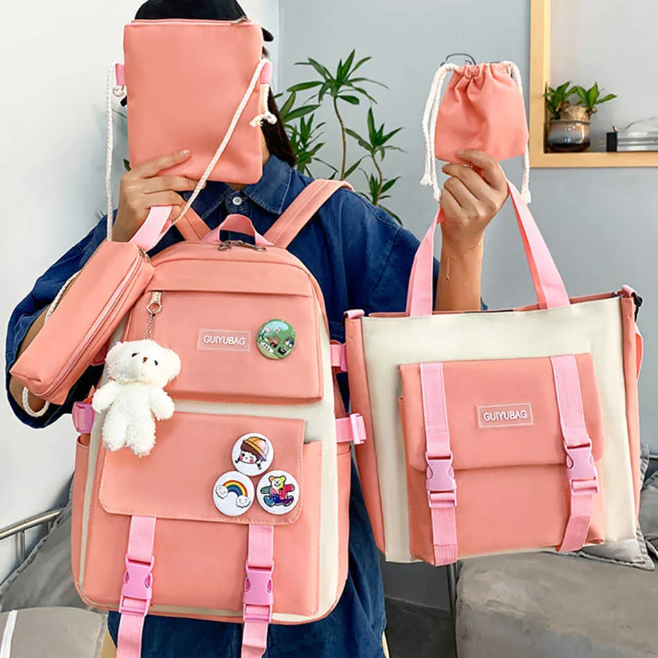 5 Pcs Kawaii Canvas Zainetto per Ragazze Adolescenti College Carino Zaino Borsa Grande Capacità Satchel Studente Shopper Zaino 2023 230223