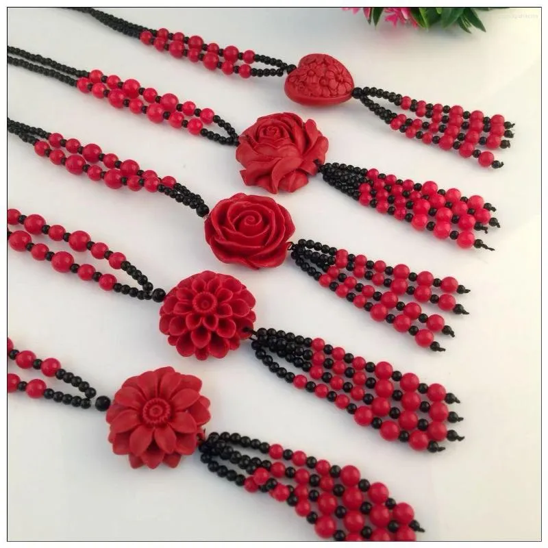 قلادات قلادة النسخة الكورية من Red Bohemian National Style Sweater Chain Long Rose Flower Flower Sunflower Netclace Lad