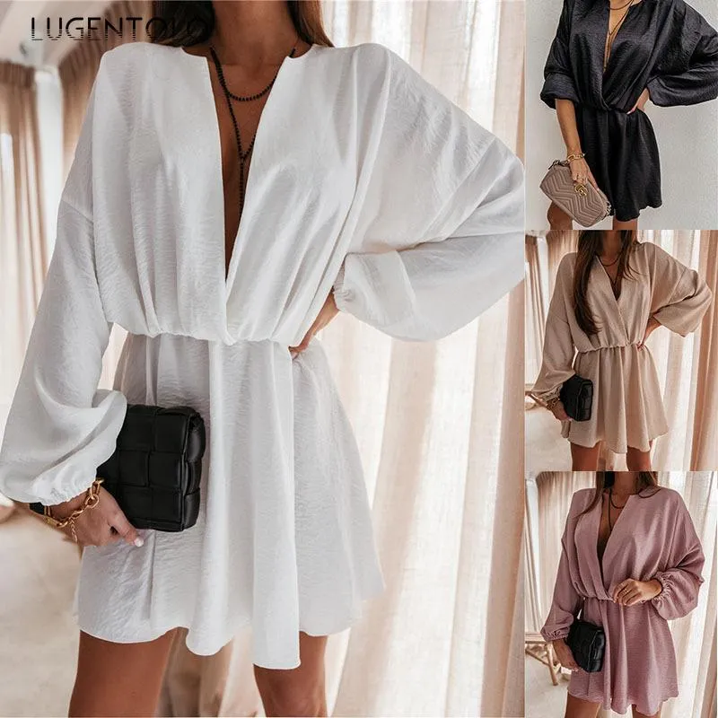 Casual Dresses Lugentolo Long Sleeve Dress Women Sexy Deep V-neck Summer Empire Solid Thin Chiffon Ladies Fashion Short