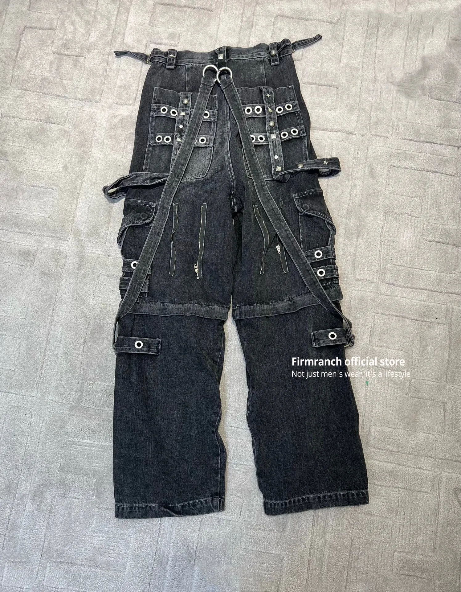 Mäns designer jeans firmranch dubbelkläder raver flera fickor snörning för män kvinnor överdimensionerade tvätt gamla denim byxor hög kvalitet 230225