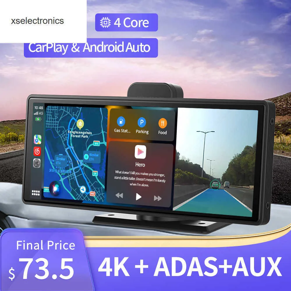 Portable Wireless Carplay& Android Auto Car Screen,10.26 Inch IPS  Touchscreen with 4K Dashcam and HD Back-up Camera Support